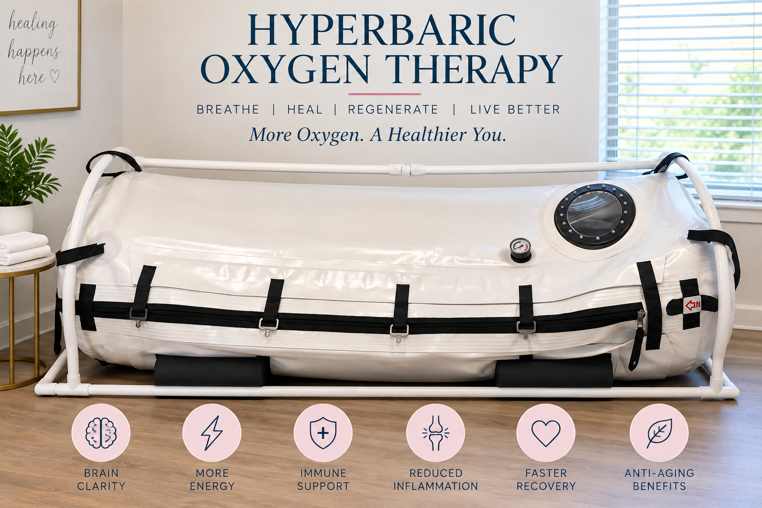 The white hyperbaric oxygen therapy chamber at Dr. Tammy's Healing Art Centers in Lowell, Arkansas