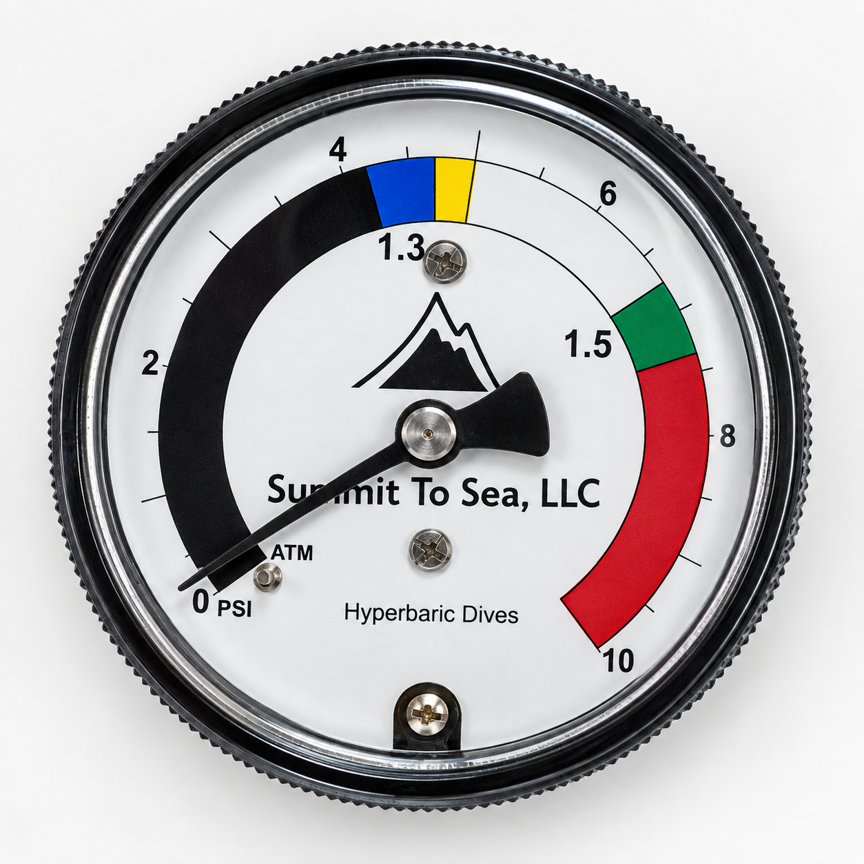 Summit To Sea hyperbaric chamber pressure gauge showing 0–10 PSI and 1.3 / 1.5 ATM treatment zones