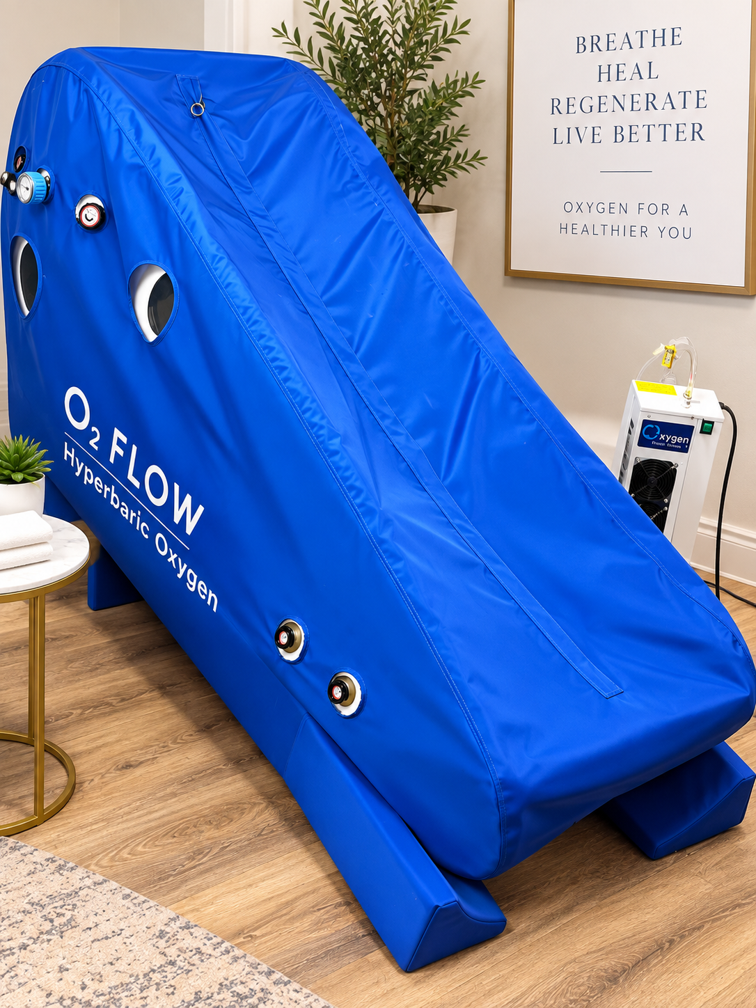 The blue O2Flow portable hyperbaric oxygen chamber at Dr. Tammy's Healing Art Centers