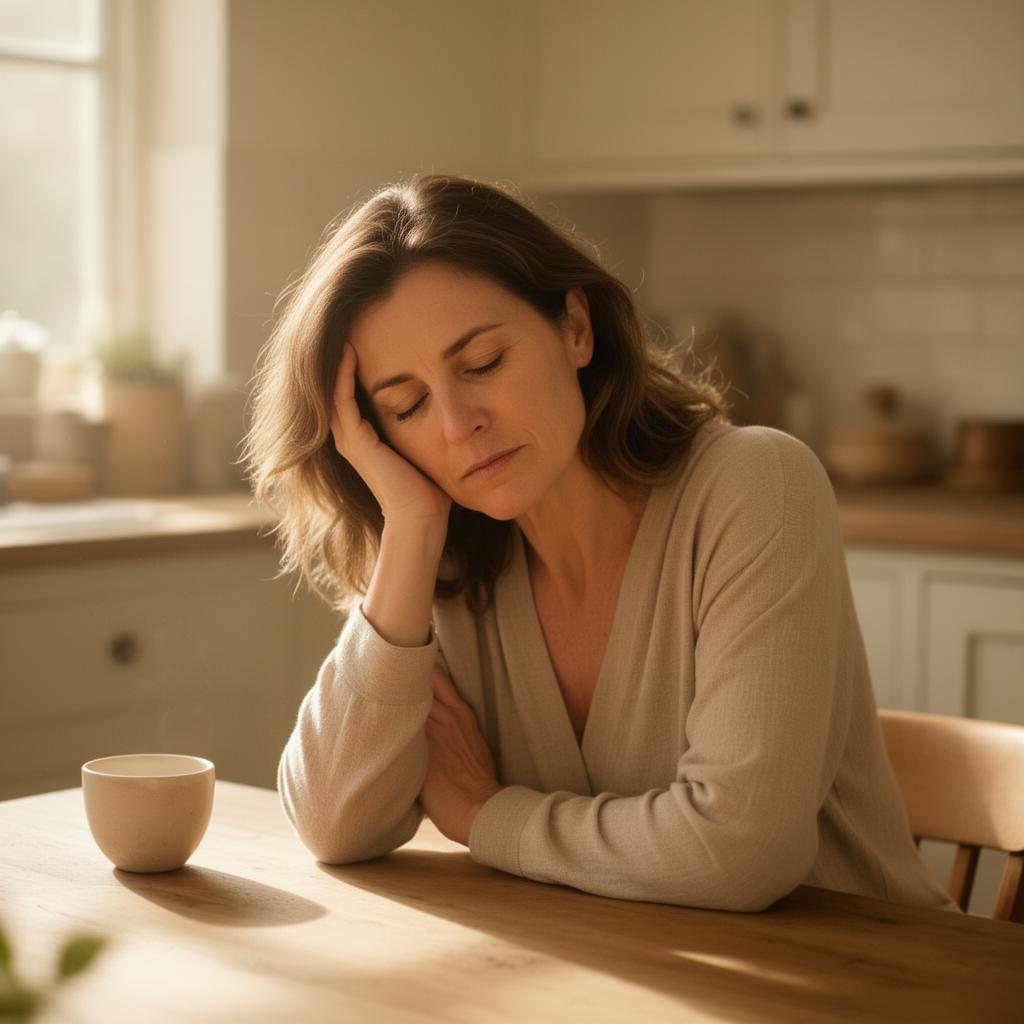 Tired woman in her early 40s resting her head in her hand at a sunlit kitchen table, illustrating midlife exhaustion and hormonal fatigue.