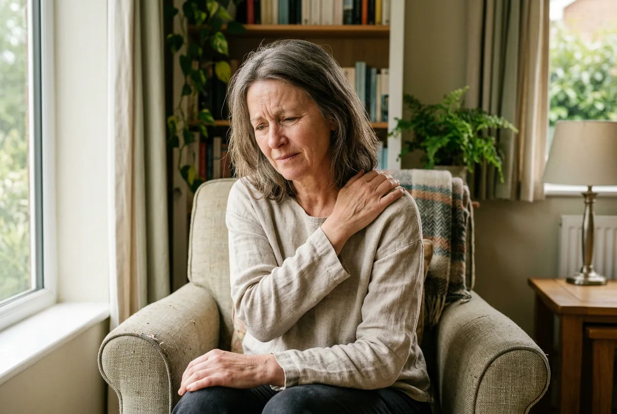 Midlife woman holding her shoulder in discomfort, illustrating the hidden hormonal link between frozen shoulder and menopause.