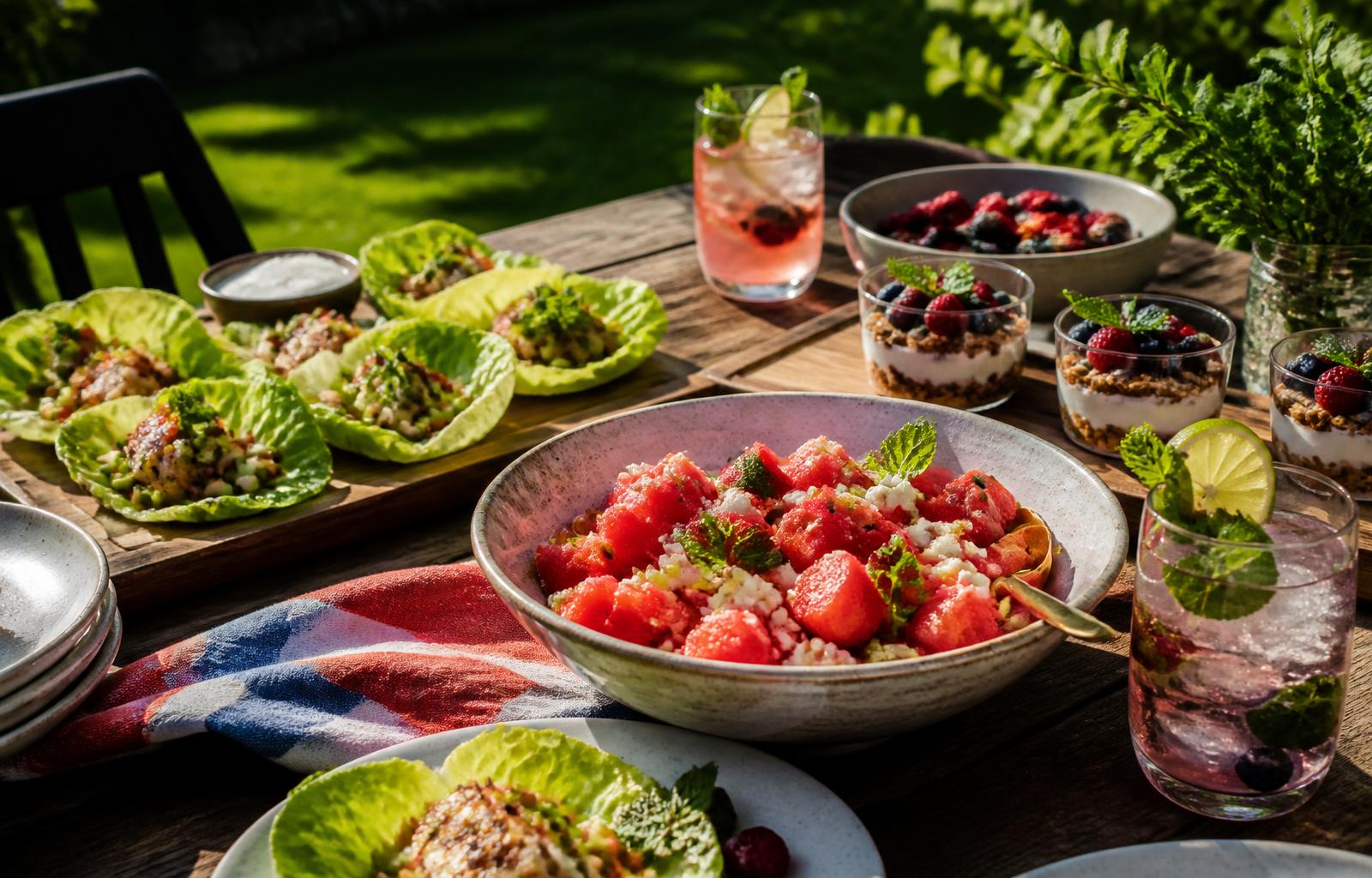 Healthy 4th of July cookout table with watermelon feta salad, berry parfaits, lettuce cups and sparkling mocktails