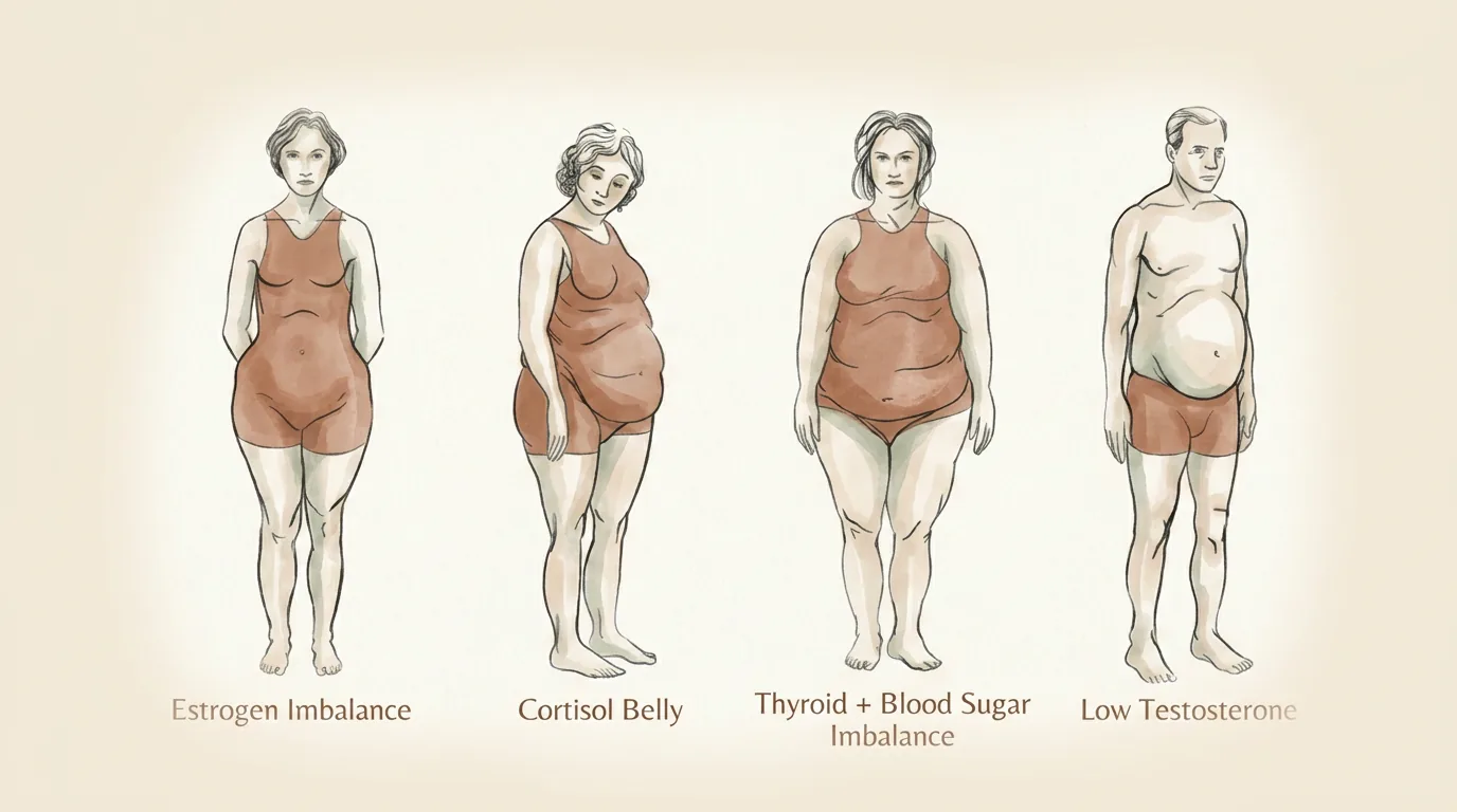 Four body types associated with hormone imbalances: estrogen imbalance, cortisol belly, thyroid and blood sugar imbalance, low testosterone