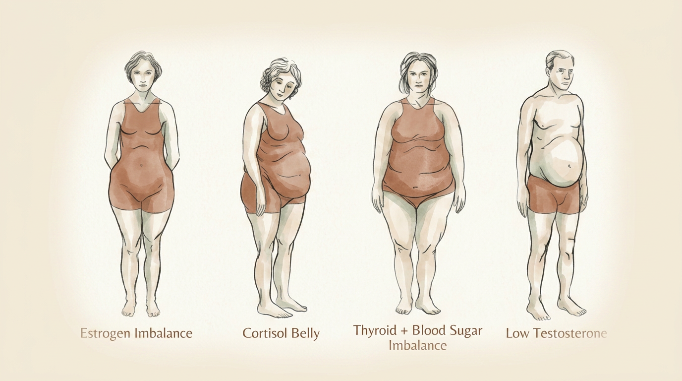 Four body types associated with hormone imbalances: estrogen imbalance, cortisol belly, thyroid and blood sugar imbalance, low testosterone
