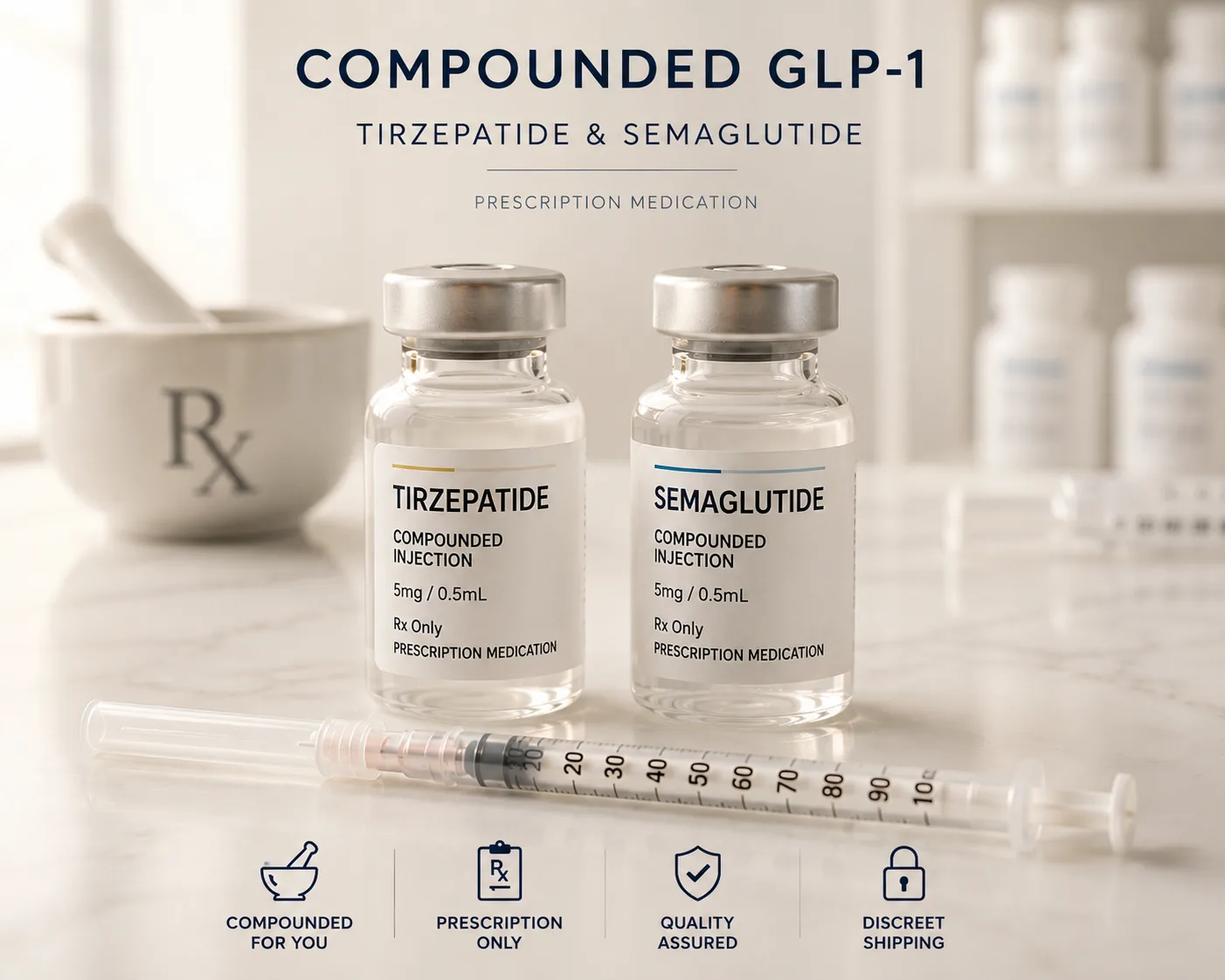 Compounded GLP-1 tirzepatide and semaglutide prescription vials with syringe