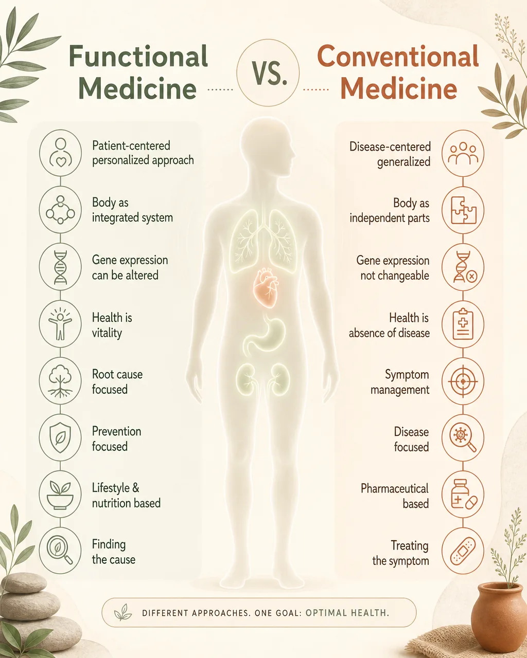 Infographic comparing functional medicine and conventional medicine: patient-centered root-cause care versus disease-centered symptom management