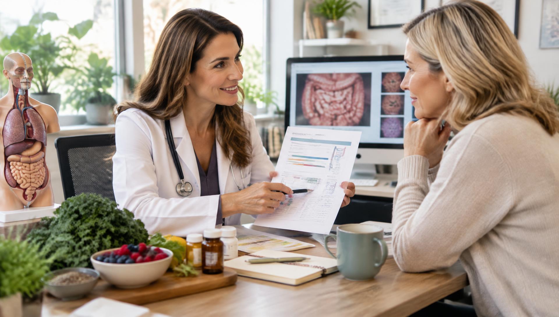 Doctor reviewing digestive health testing and nutrition with a patient