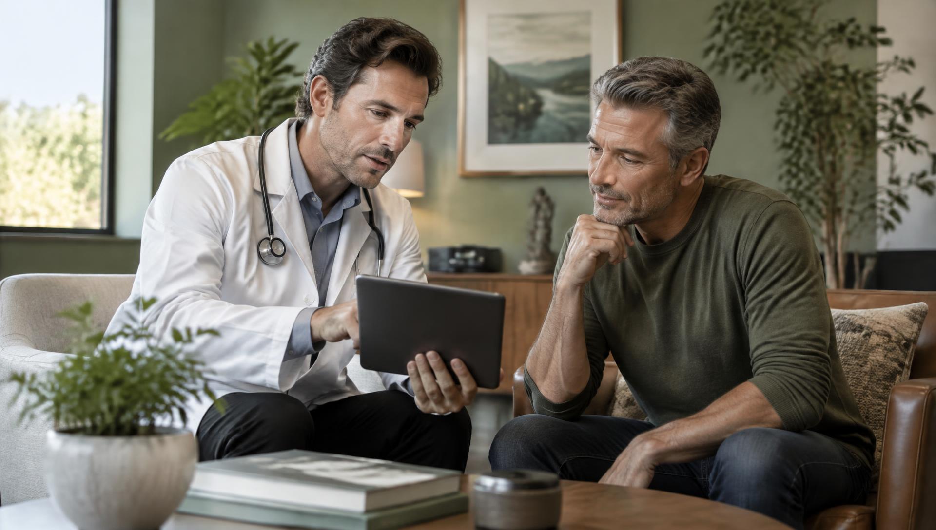 Doctor reviewing personalized hormone laboratory results with a male patient