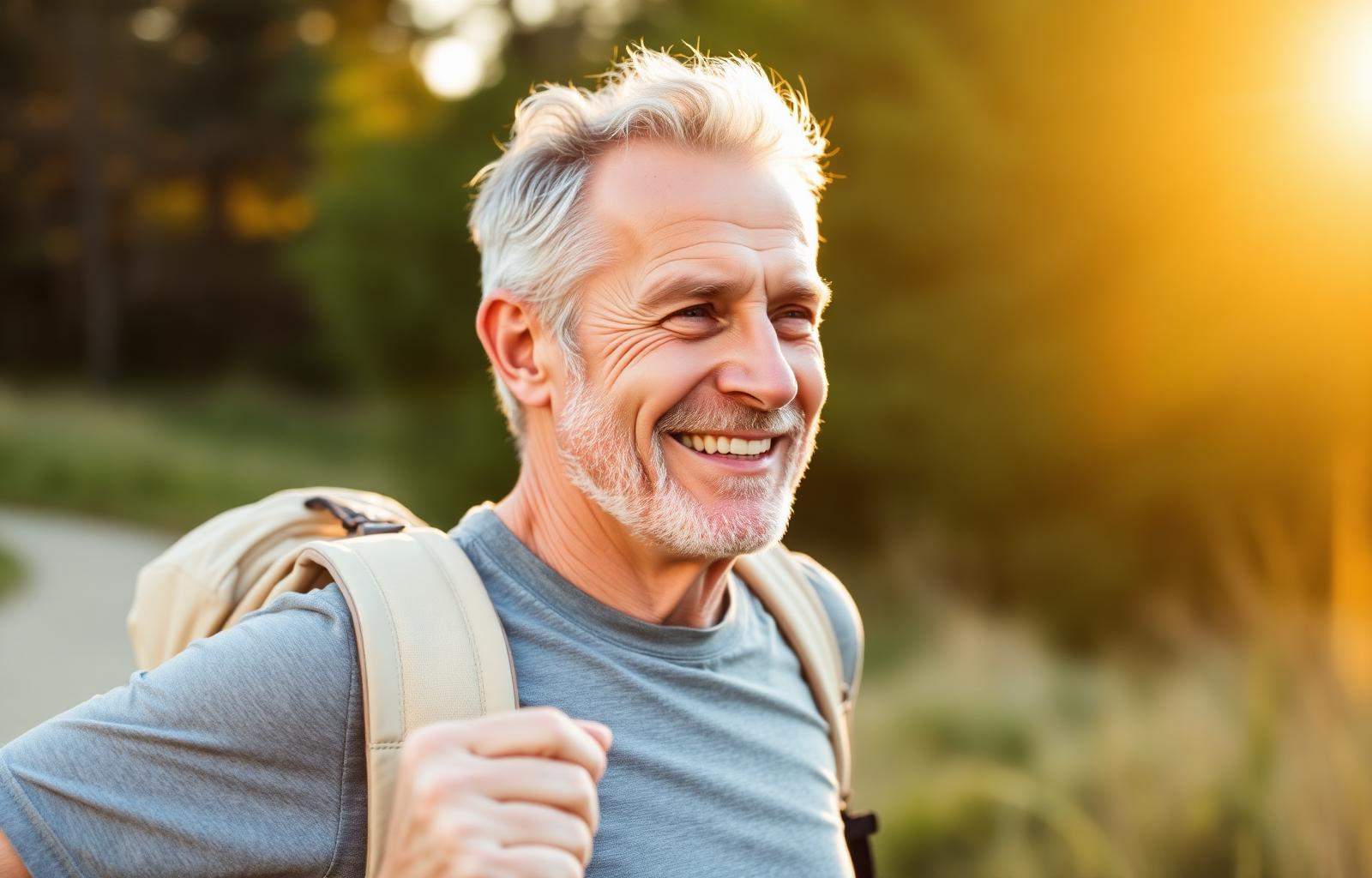 Active mature man hiking outdoors in golden light