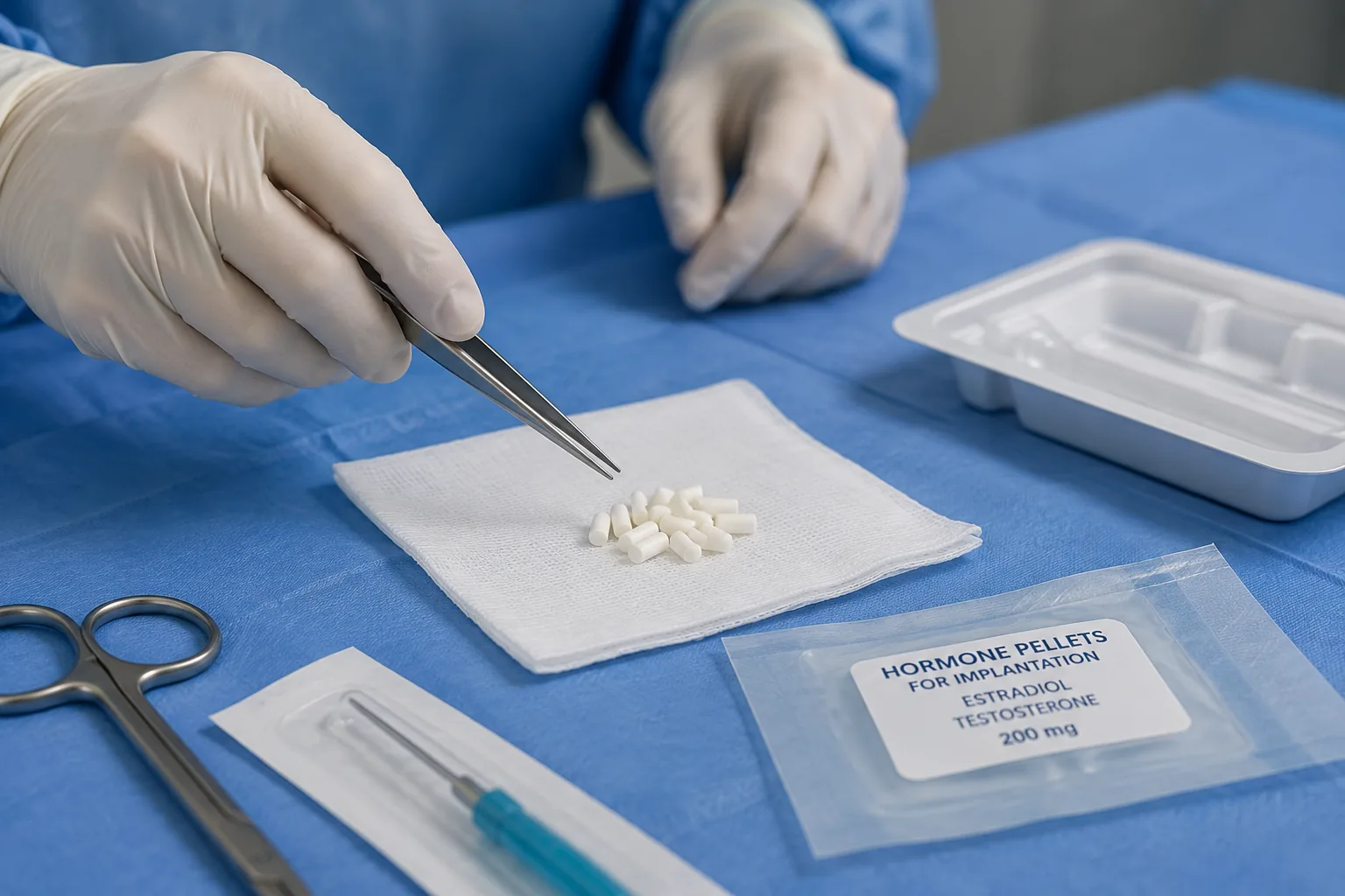 Sterile in-office hormone pellet implantation — bioidentical estradiol and testosterone pellets prepared with forceps on surgical drape