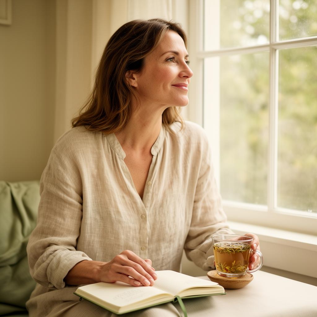 Woman enjoying a calm moment with herbal tea and a journal