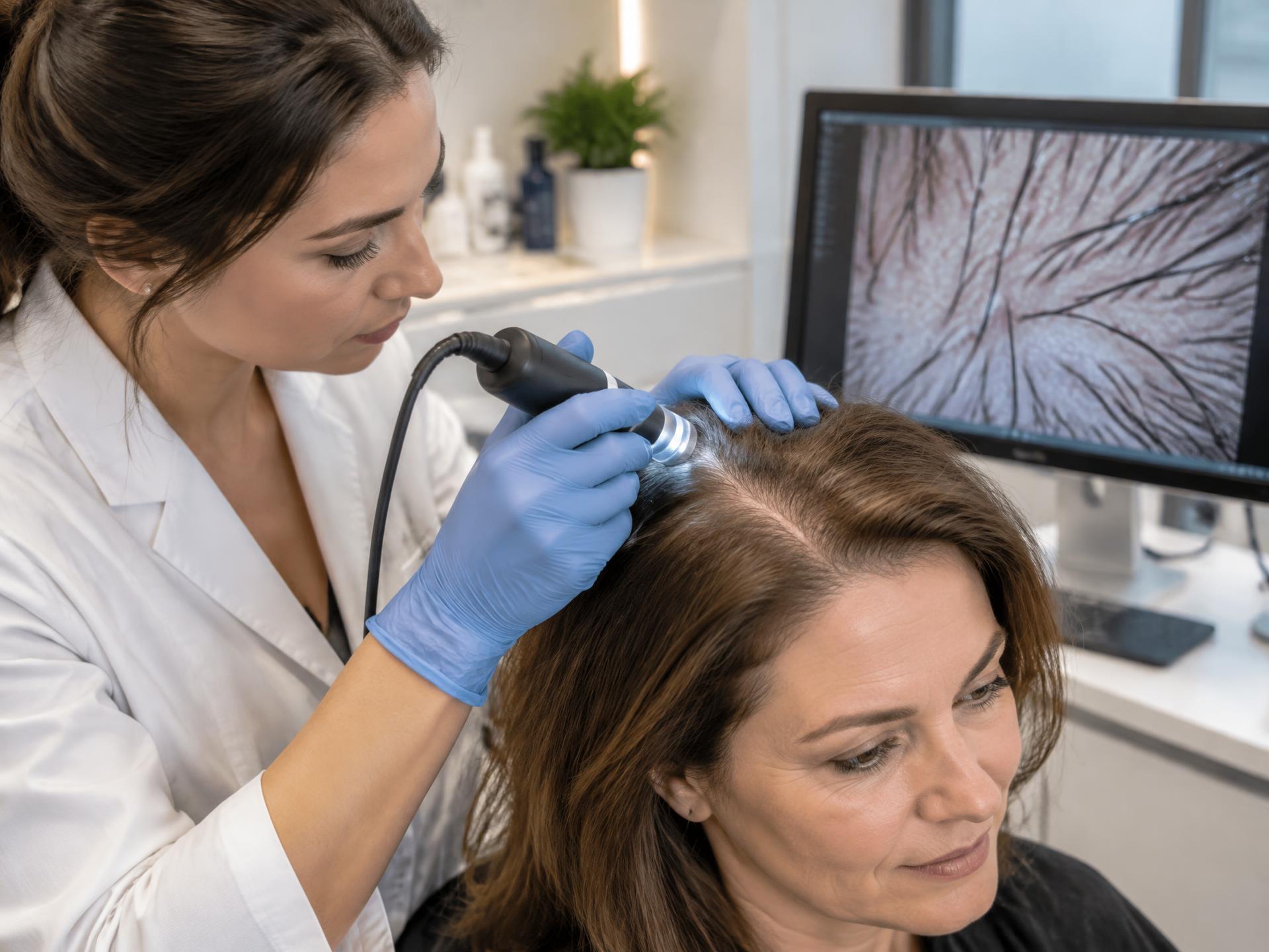 Clinician examining a patient's scalp and hair follicles with a digital trichoscope