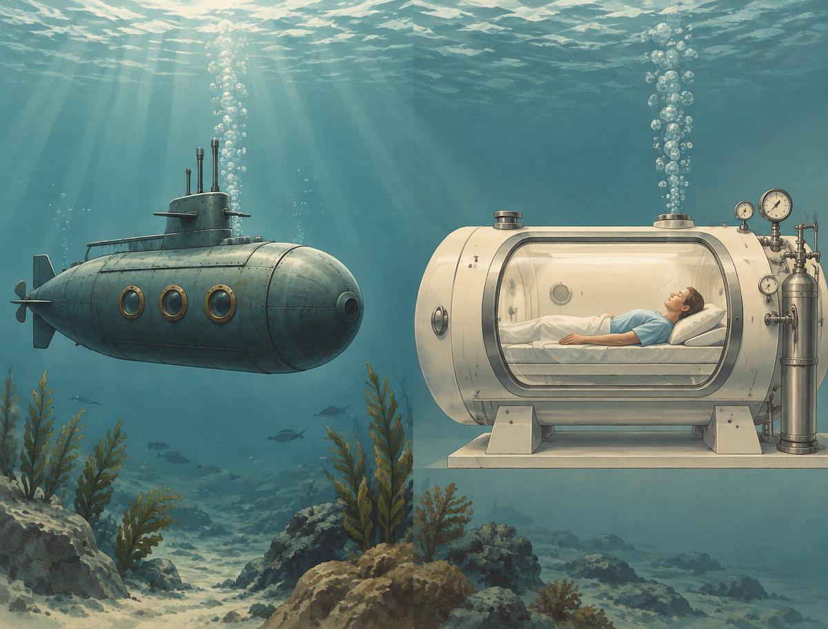 Illustration comparing a submarine and a hyperbaric oxygen chamber underwater — HBOT's pressure origins in deep-sea diving