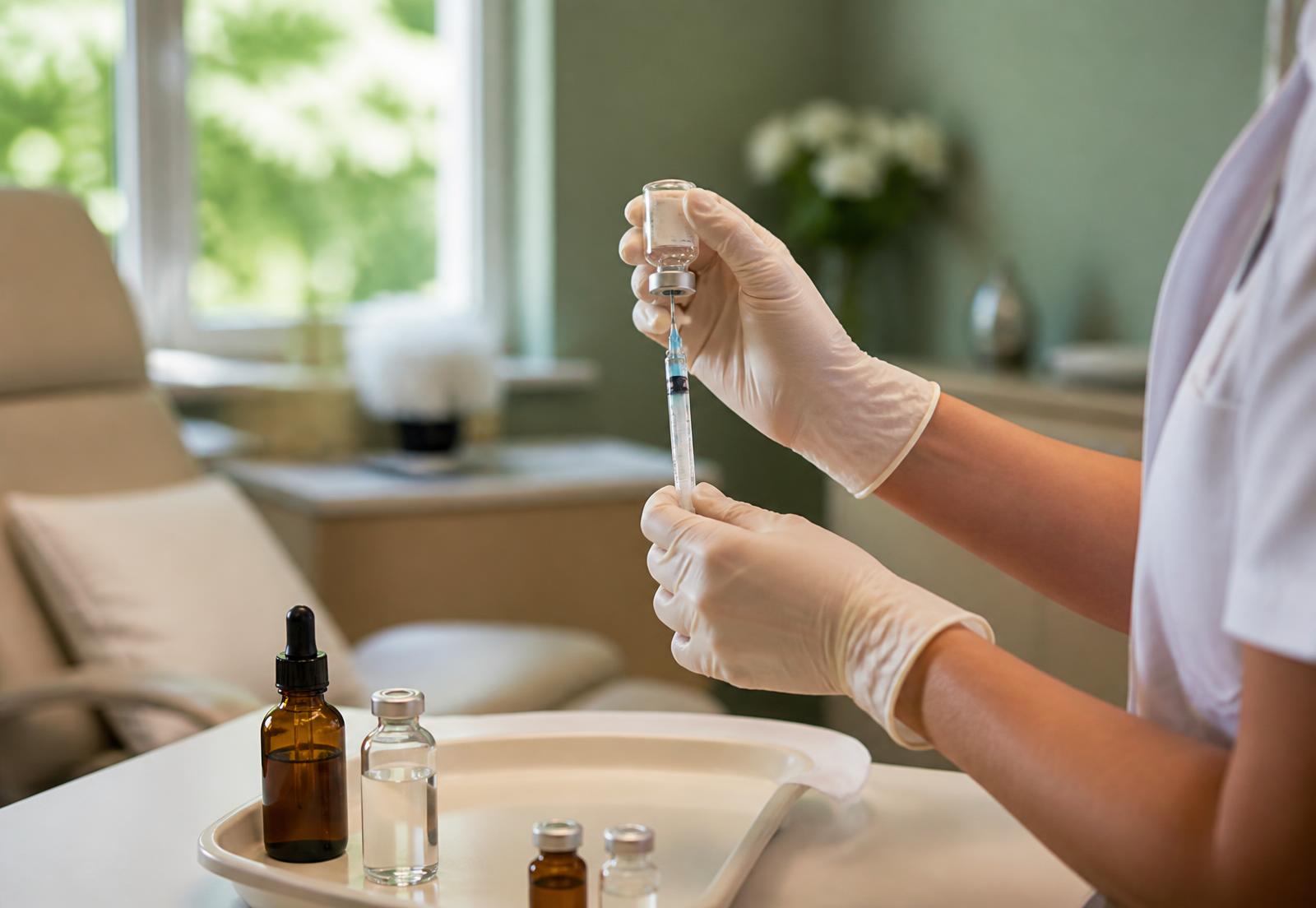 A nurse preparing a vitamin B12 injection on a clean tray in a warm, sunlit wellness clinic
