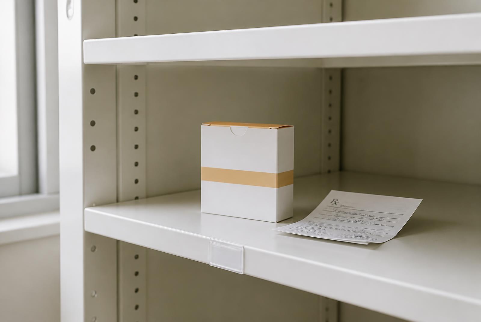 Nearly empty pharmacy shelf with a single box of hormone patches and a prescription slip — estradiol patch shortage, Dr. Tammy Tucker, Healing Art Centers