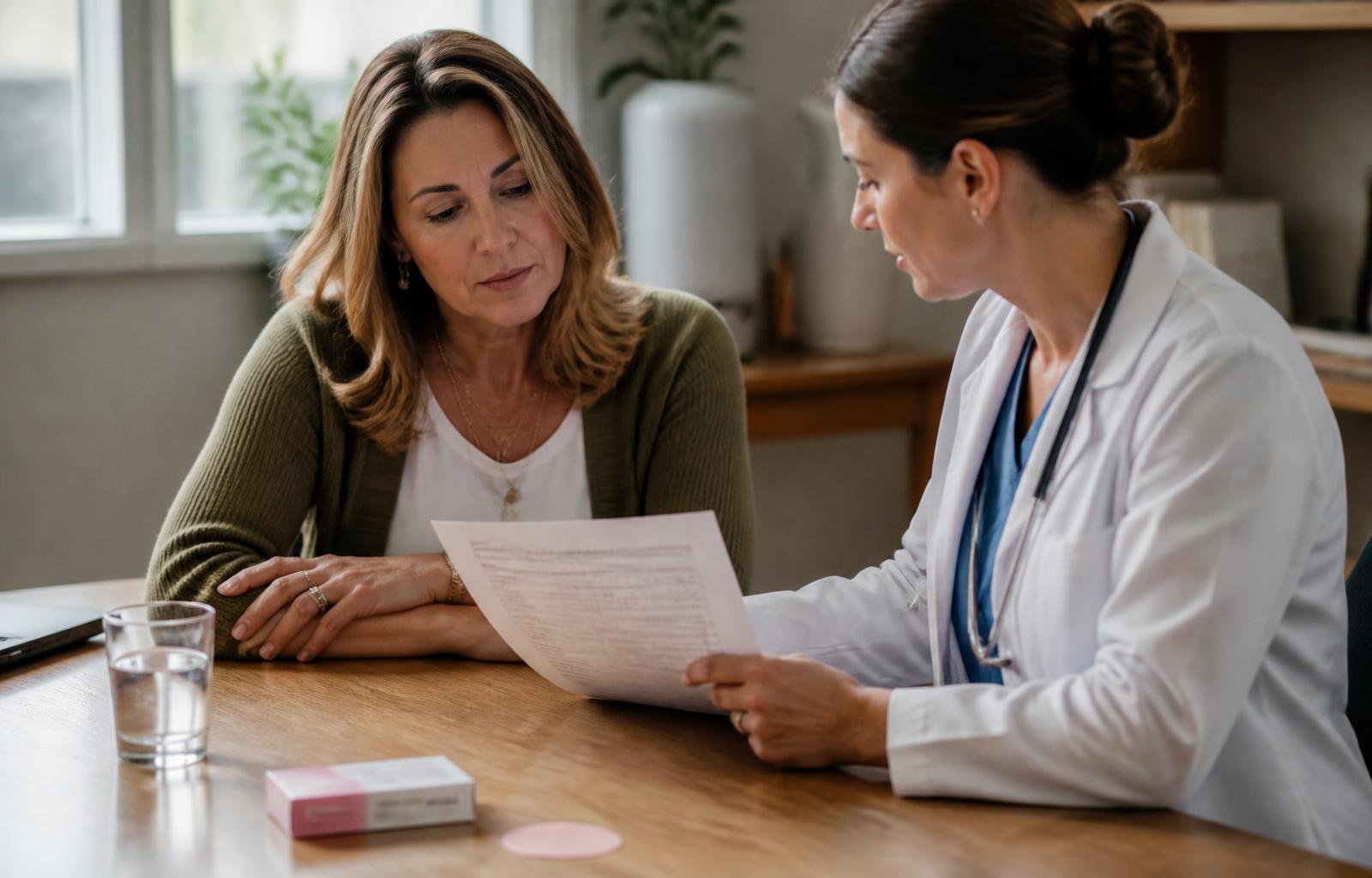 Woman in her late forties reviewing a hormone lab report with her physician in a warm consultation room — Dr. Tammy Tucker, Healing Art Centers