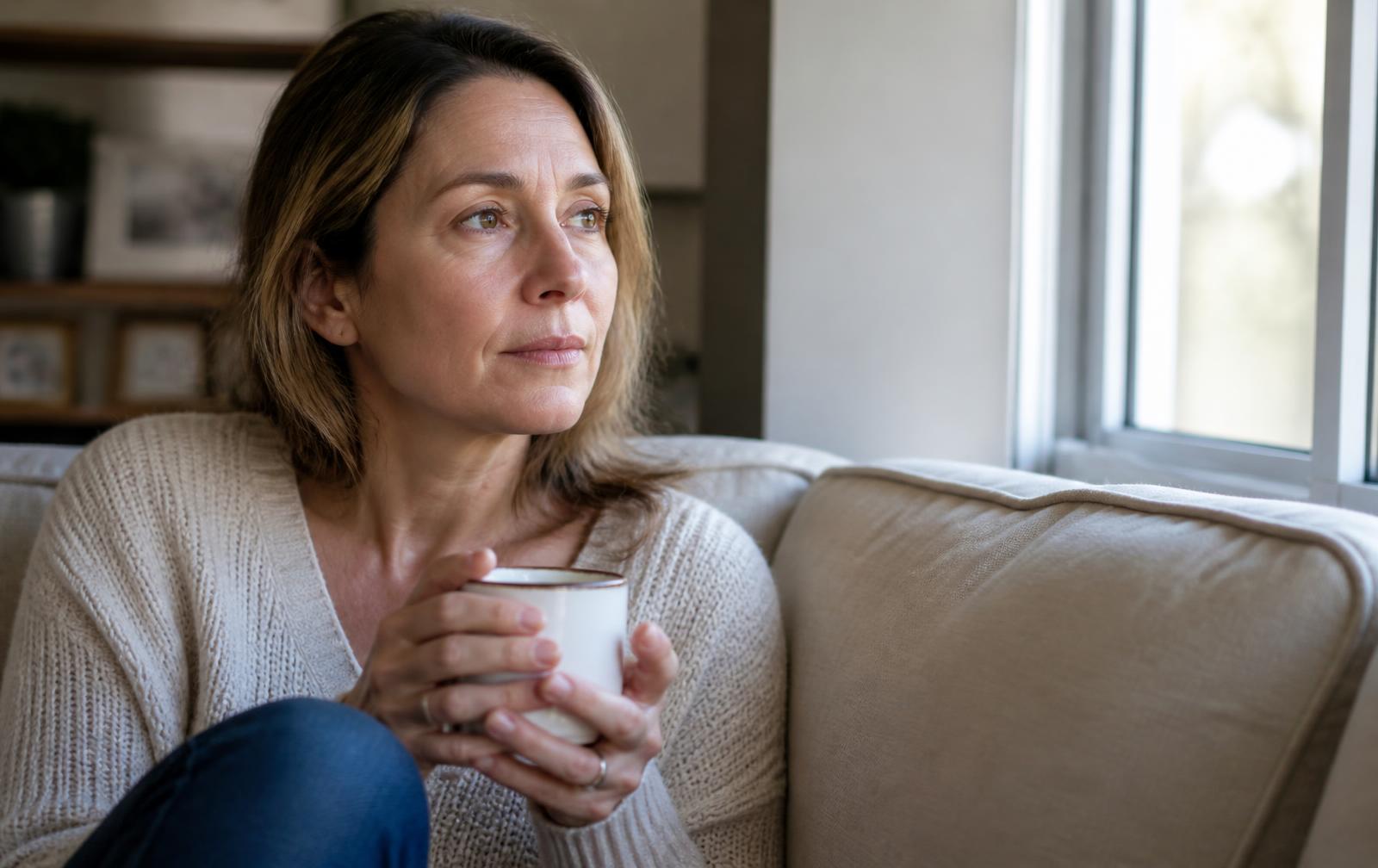 Woman in her forties sitting by a sunlit window with a mug of tea, thinking about early perimenopause symptoms — Dr. Tammy Tucker, Healing Art Centers
